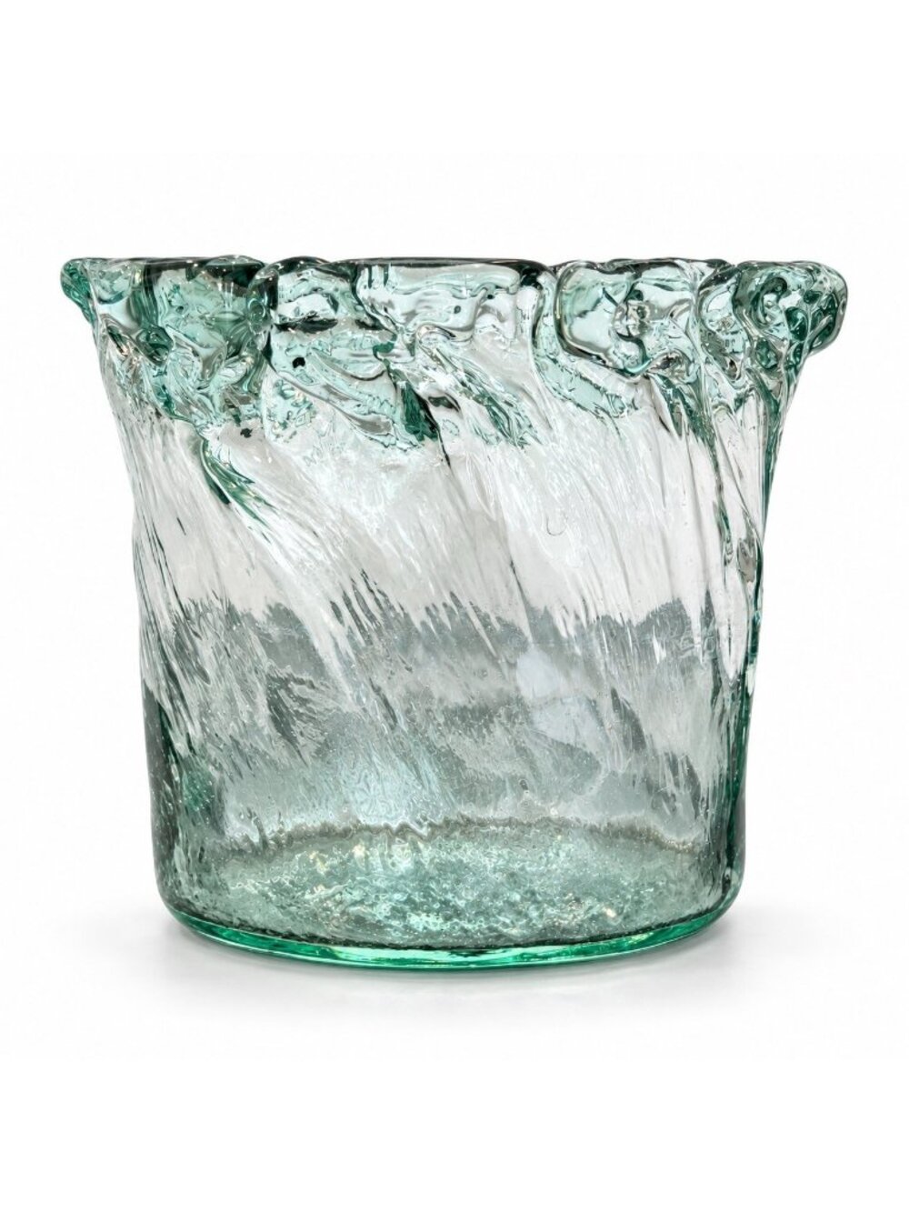 Hand Blown Aqua Green Art Glass Vase 6” Freeform Ruffled Rim Organic Modern